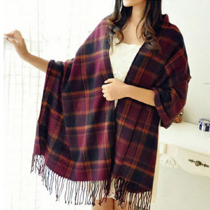 Model wearing the elegant check winter scarf accessorizing winter fashion
