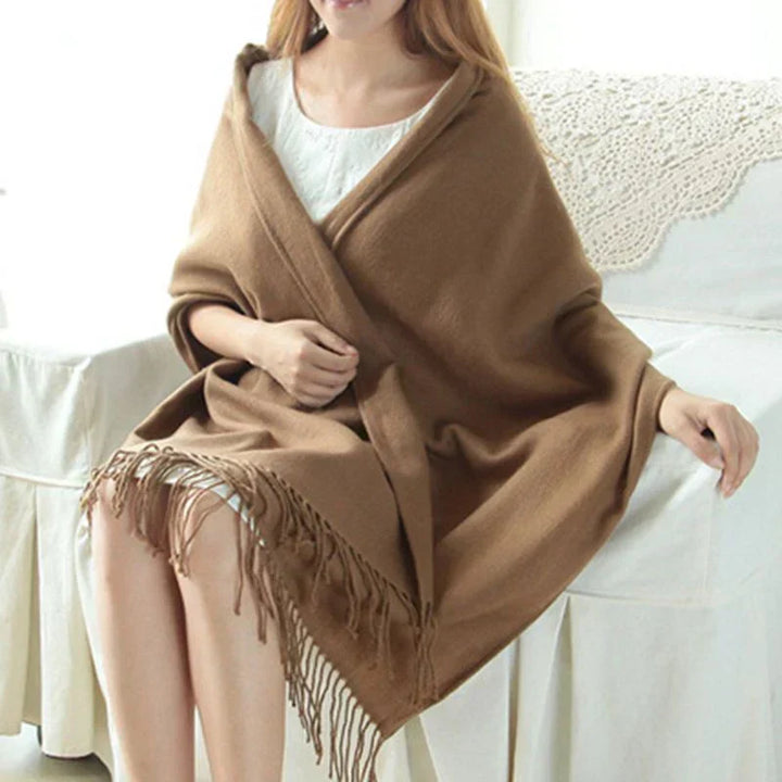 Luxury check winter scarf for women draped elegantly over a shoulder