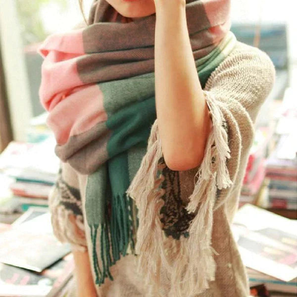Flat lay of the luxury cashmere feel check scarf showing full length