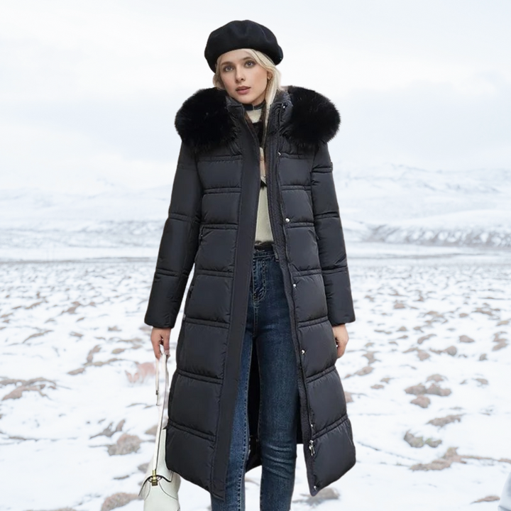 Back view of the long faux fur winter coat showcasing its length