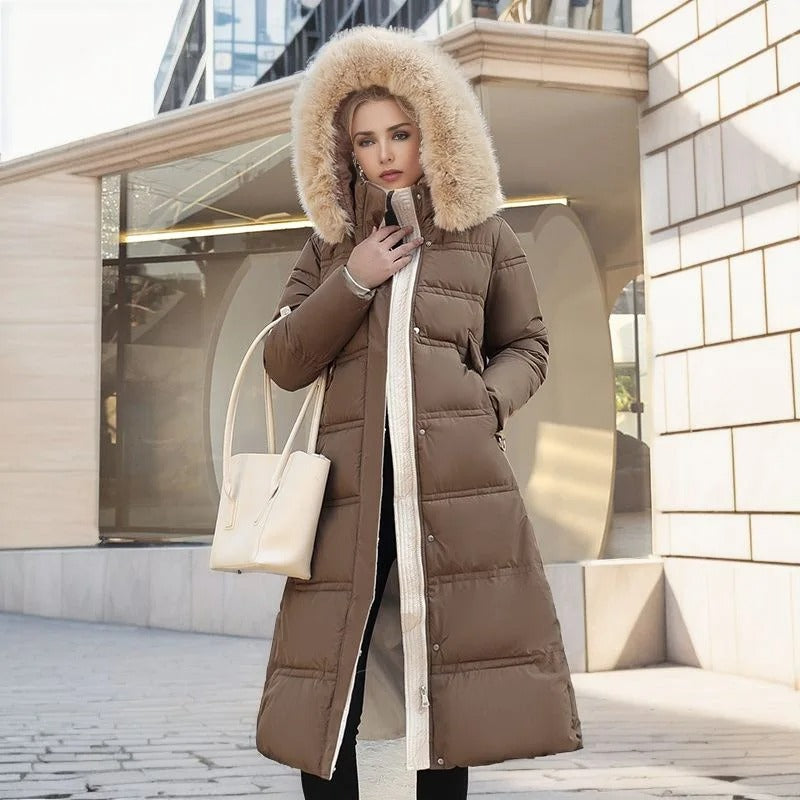 Close-up of brown long winter coat with beige collar in urban setting