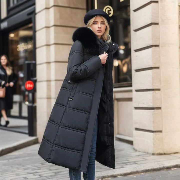 Women's long plush winter coat in elegant neutral tone, front view