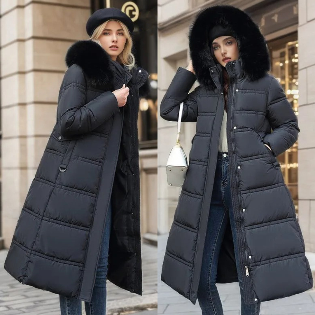 Side profile of a fashion-forward long winter coat for women