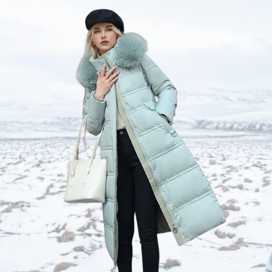 Pocket detail on the cozy plush winter coat for women