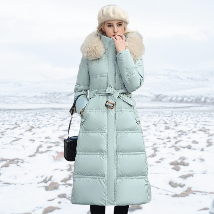 Close-up of button closure and stitching on the women's winter fashion coat