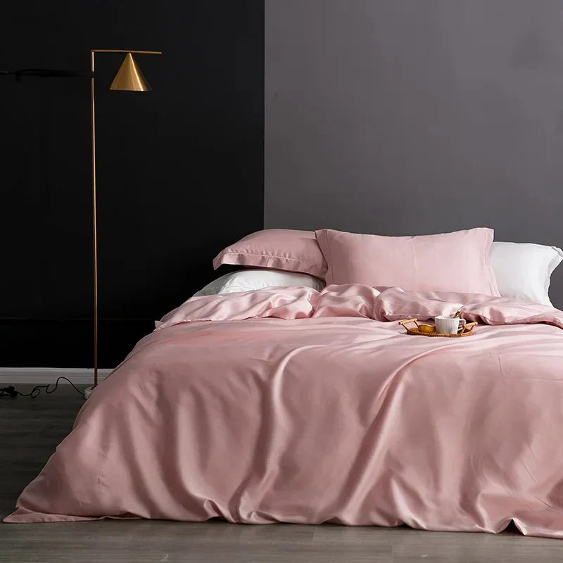 Close up shot of hypoallergenic silk bedding fabric with fine stitching details