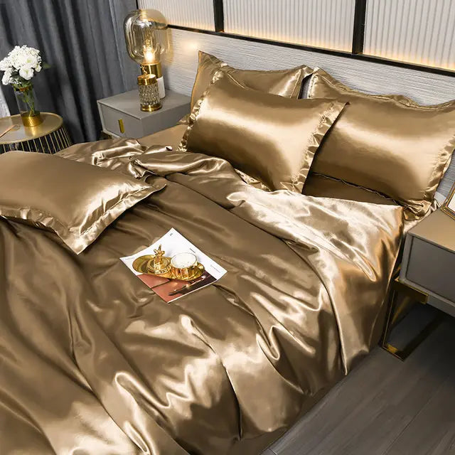 Minimalist bedroom styling featuring luxurious satin bedding and pillows