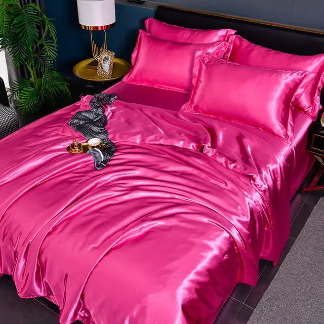 Close-up of premium satin bedding texture and glossy finish in bedroom