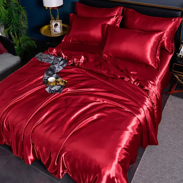 High-end satin duvet cover showing rich color depth and silky sheen