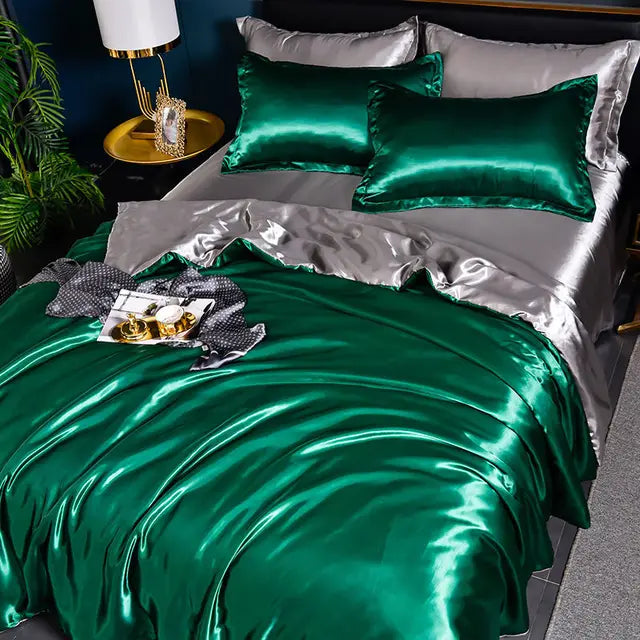 Cozy bedroom interior styled with ultra-soft satin duvet and shams