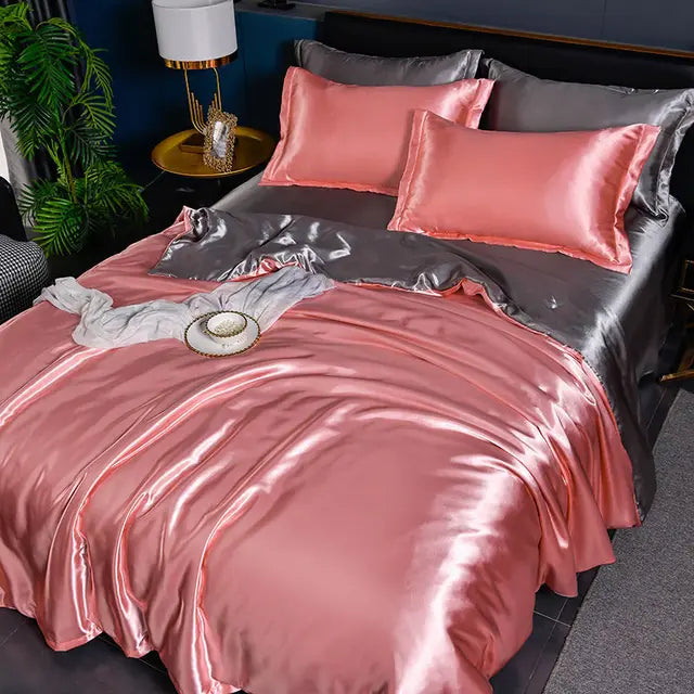 Complete satin bedding set layout including duvet cover and pillow shams