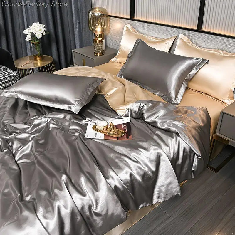Luxurious satin duvet cover set enhancing elegant master bedroom aesthetics