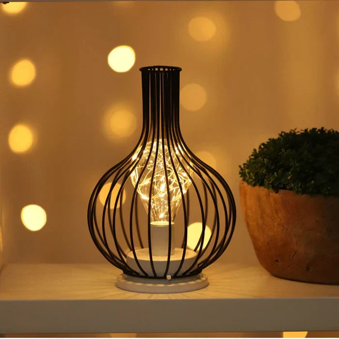 Contemporary ambient lighting lamp glowing softly on a stylish wooden nightstand