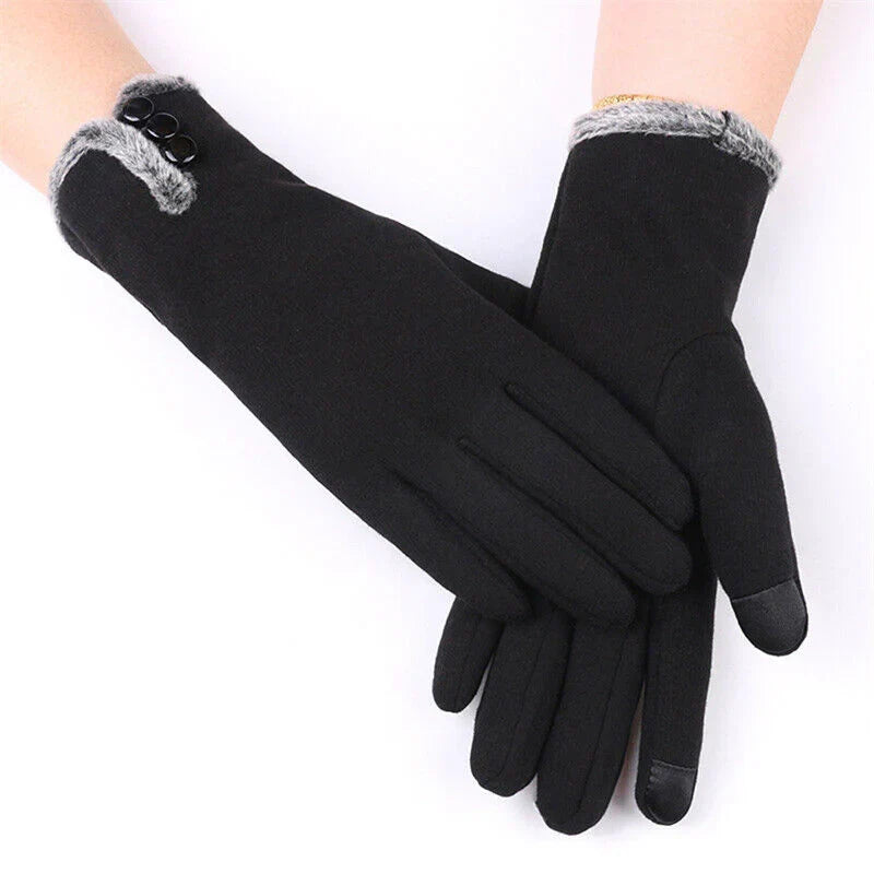 Black touchscreen winter gloves with decorative buttons and plush trim