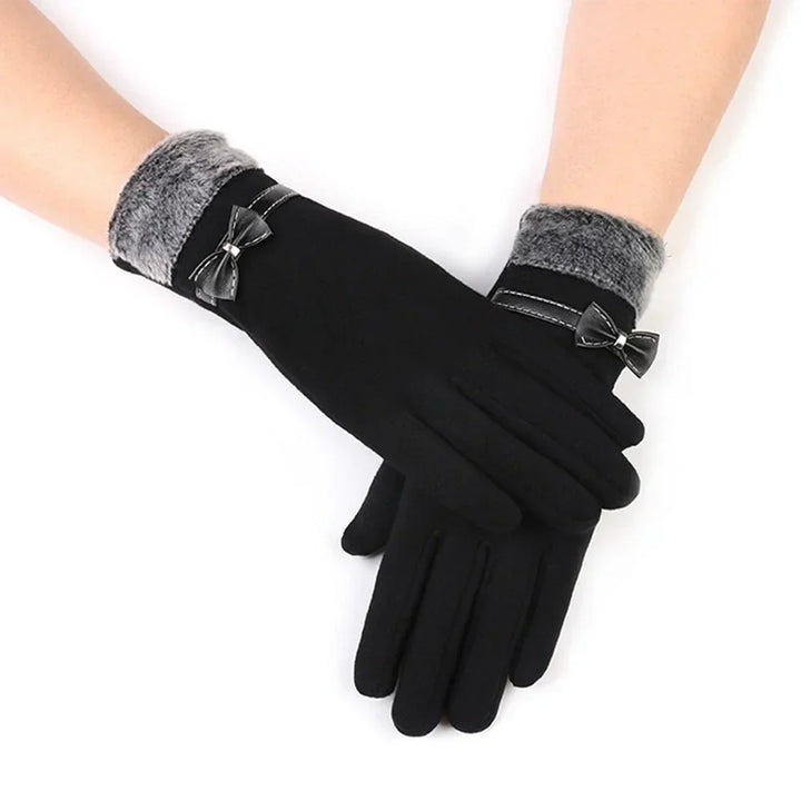 Elegant womens winter accessories, luxury touchscreen gloves flat lay view