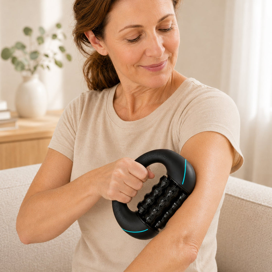 Woman using the automatic massager on her arm