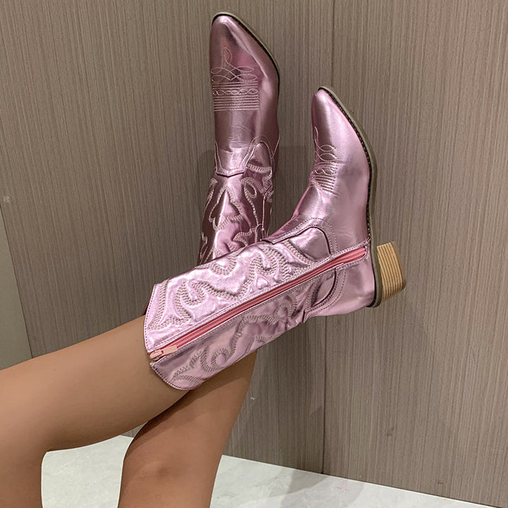 Back view of womens footwear featuring stacked heel and metallic leather