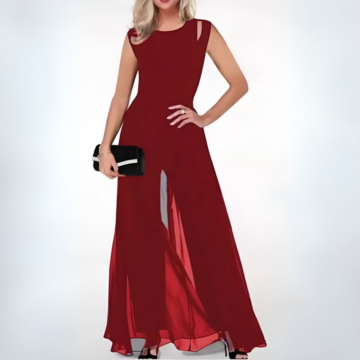 Back view of sleeveless party jumpsuit showcasing tailored fit and flare legs