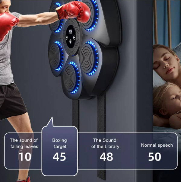 Wall mounted musical boxing machine with LED targets and included boxing gloves for home gym cardio workouts