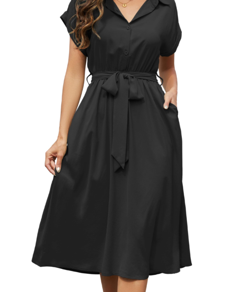 Close-up of black belted shirt midi dress with pockets