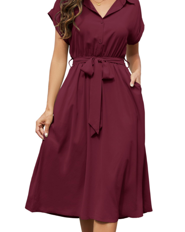 Women's belted short sleeve midi dress in a casual summer shirt dress style