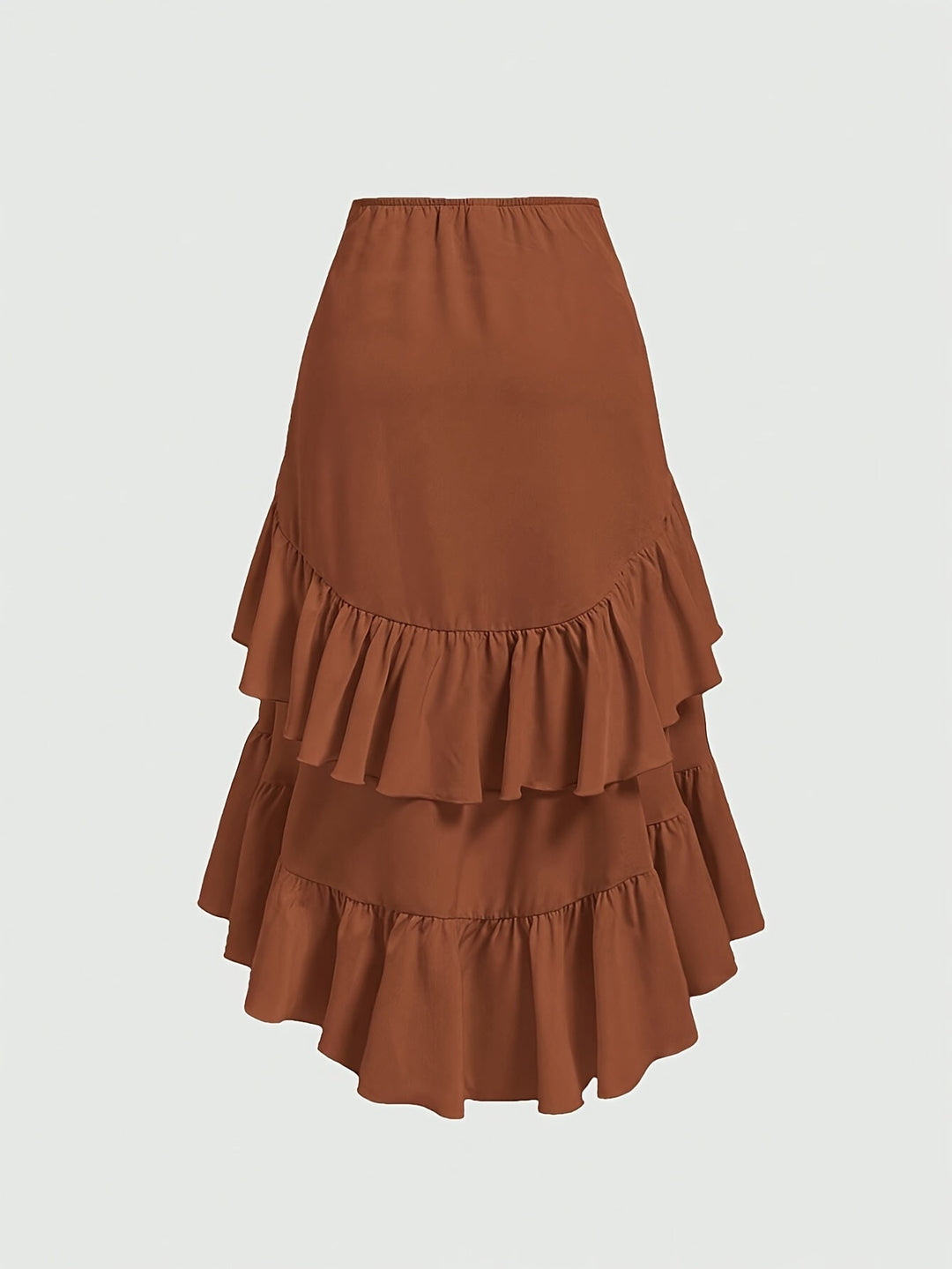 Front view of the tiered ruffle hem midi skirt in a warm tone