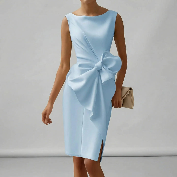 Close-up of the bow detail on the formal party midi dress for women