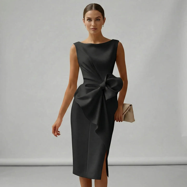 Full length view of the elegant bow detail cocktail dress in classic style