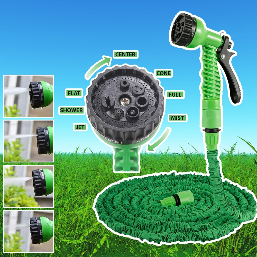 Green expandable garden hose coiled with multi-function spray nozzle and pattern guide