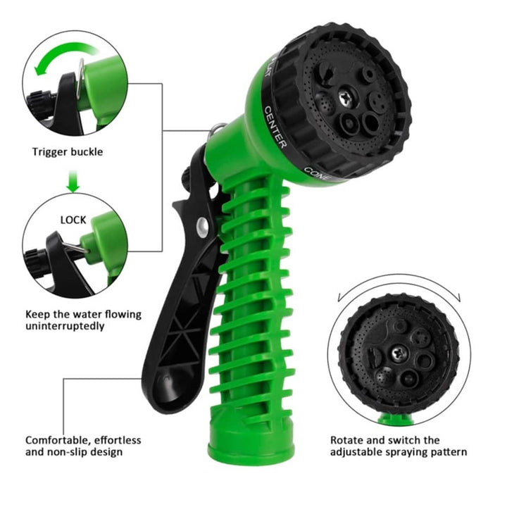 Close-up of ergonomic spray nozzle with trigger lock and adjustable pattern dial