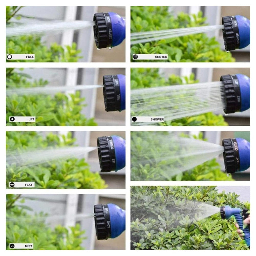 Retractable green water hose coiled neatly after lawn irrigation use