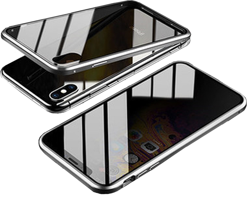 Silver magnetic double-sided protective case shown open and assembled