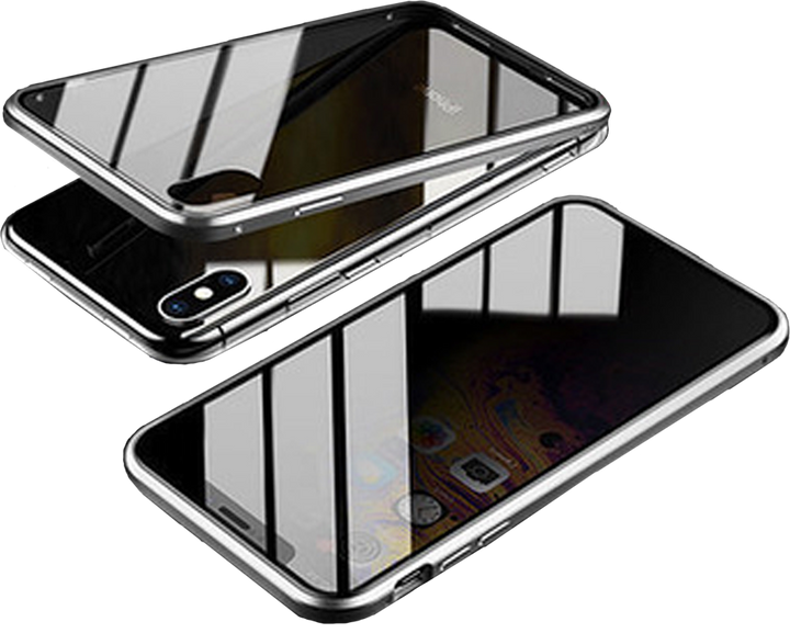 Silver magnetic double-sided protective case shown open and assembled