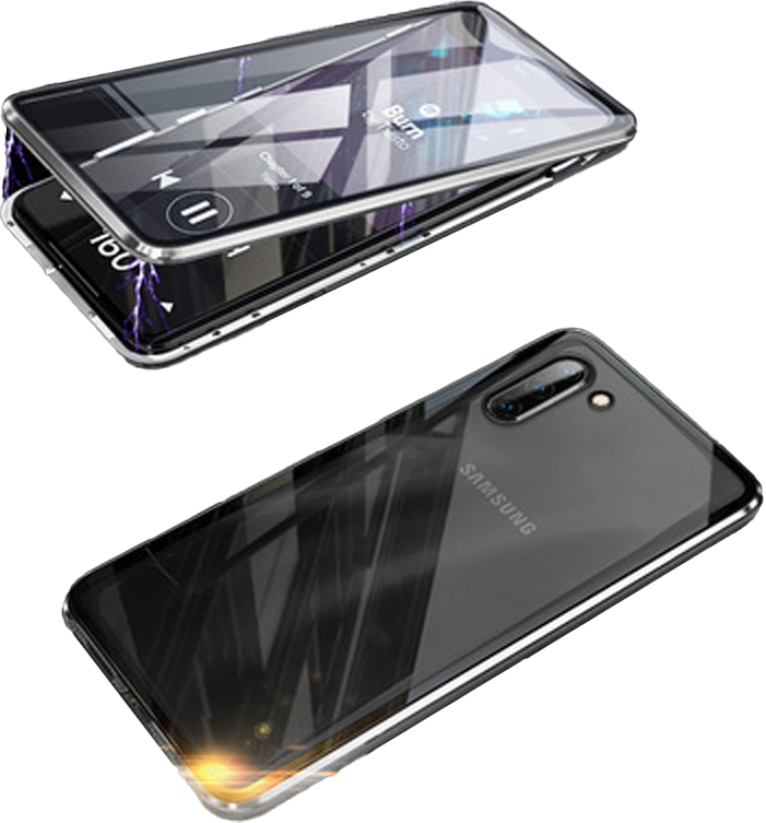 Black magnetic double-sided protective case showing front and back views