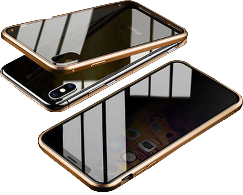Gold magnetic double-sided protective case displayed in two pieces