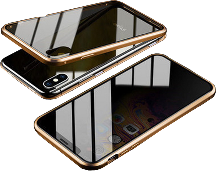 Gold magnetic double-sided protective case displayed in two pieces