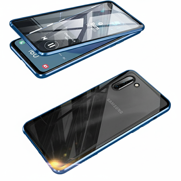 Slim profile magnetic double-sided protective case from side angle
