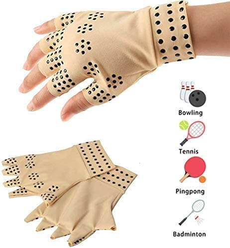 Pair of beige magnetic compression gloves shown next to sports activity icons.