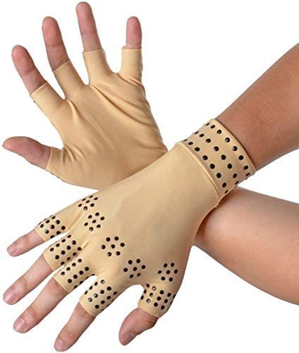 Front view of unisex magnetic compression therapy gloves being worn.