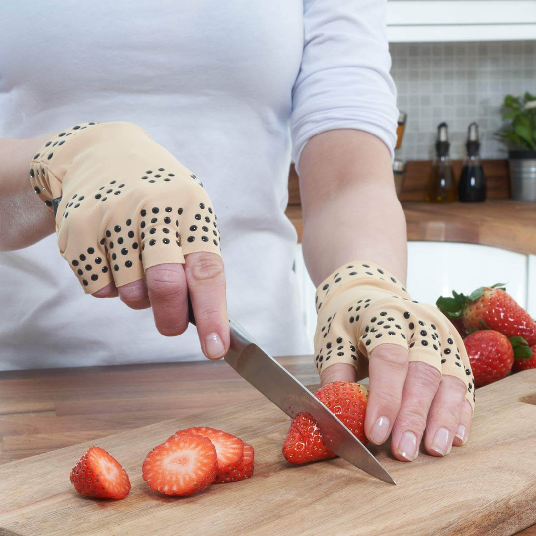 Ergonomic compression arthritis gloves showing palm grip and support