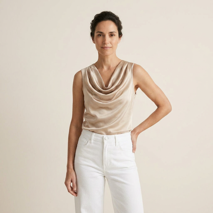 Back view of the smooth satin blouse, showcasing the tailored fit and premium fabric