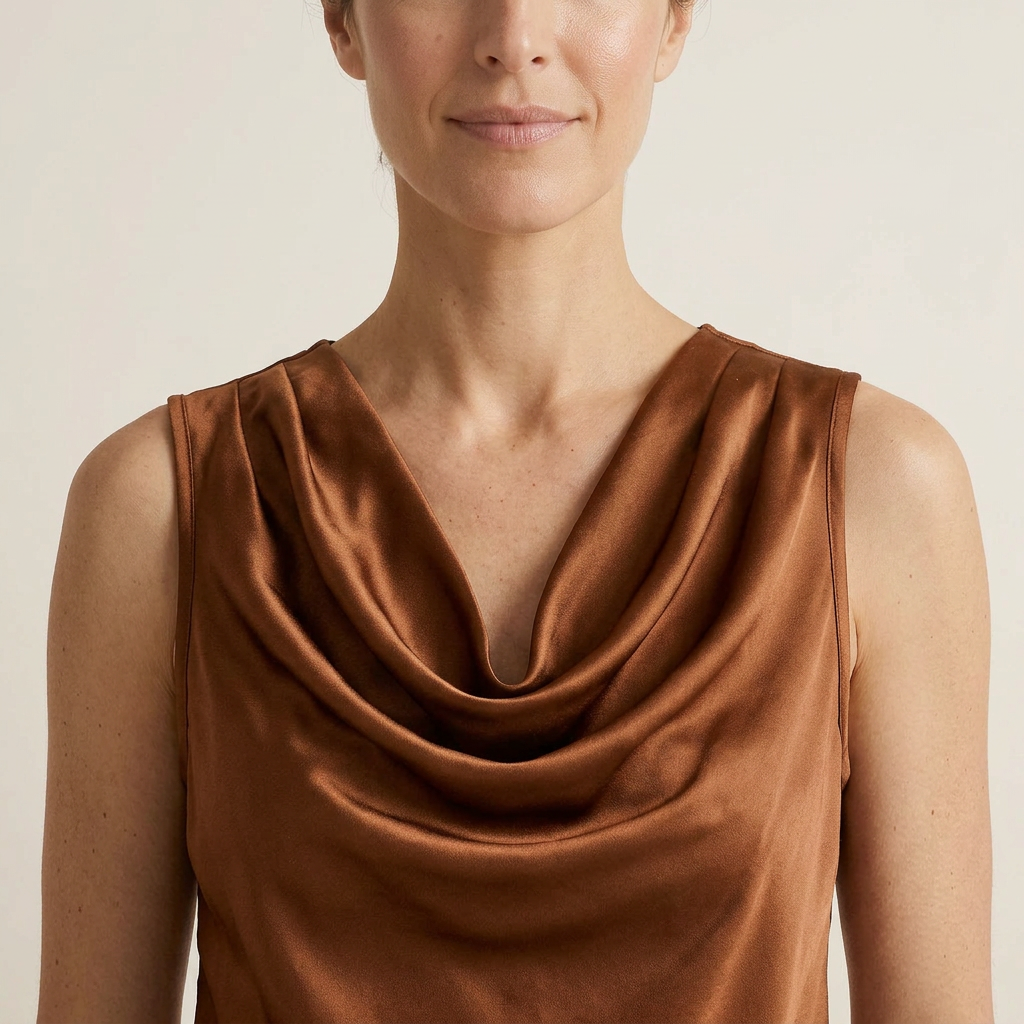 Textured close-up highlighting the glossy sheen of the women's satin blouse