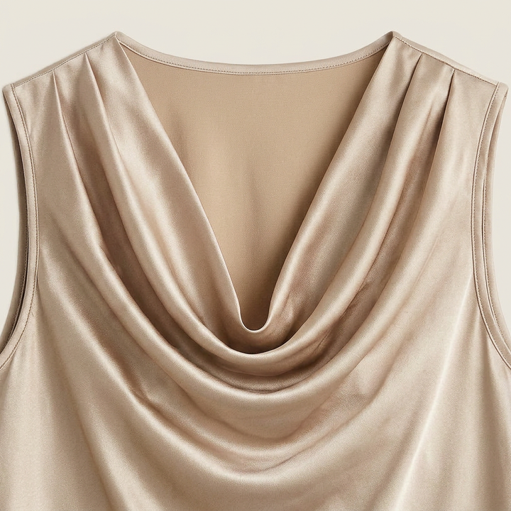 Detailed shot of the soft satin material and exquisite stitching on the sleeveless top