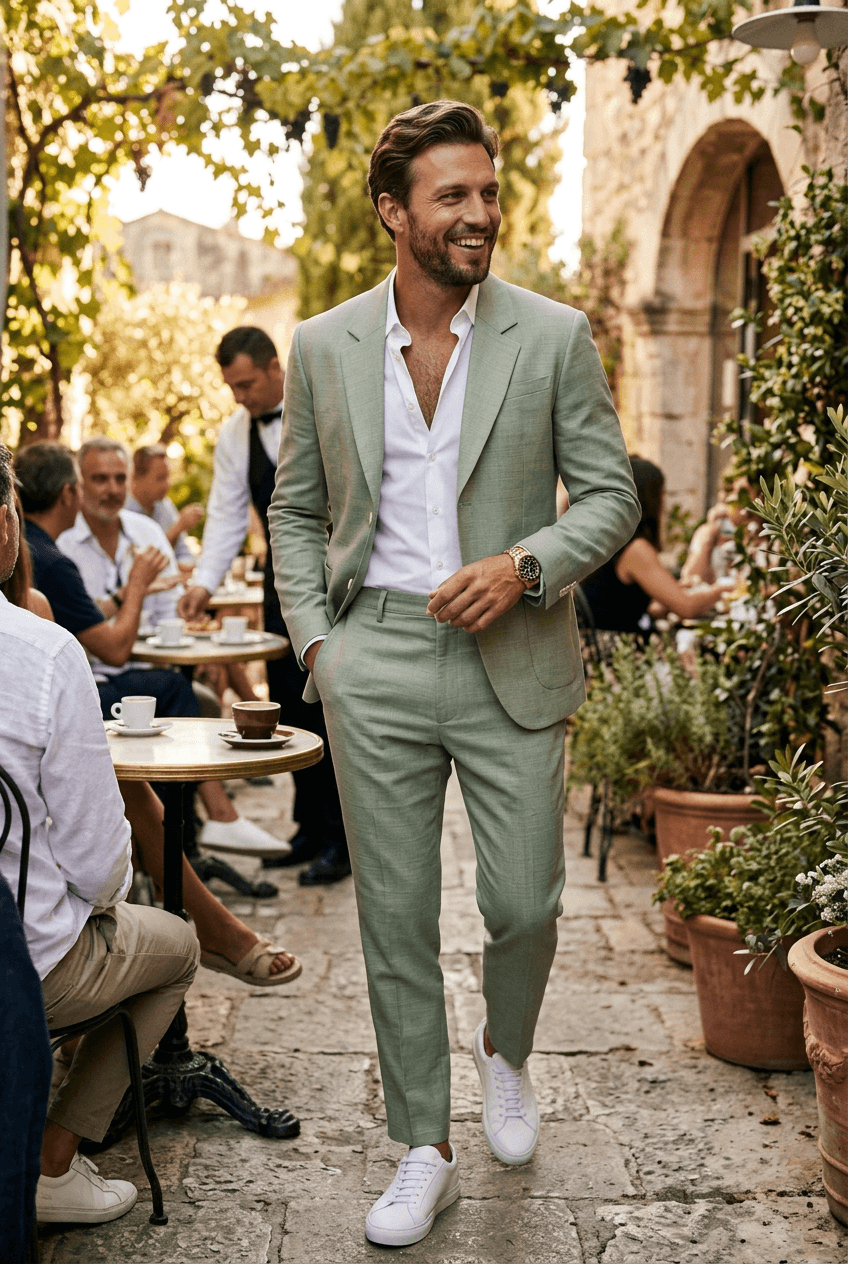 Man wearing a light green slim fit two-piece suit outdoors