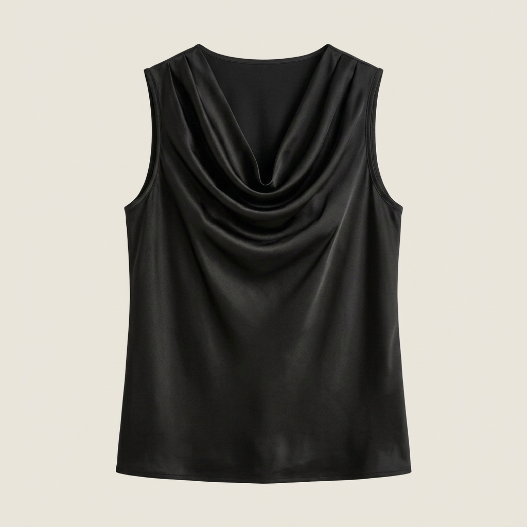 Side profile of a flowy sleeveless satin shirt designed for stylish office wear
