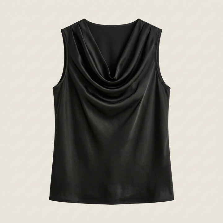 Side profile of a flowy sleeveless satin shirt designed for stylish office wear