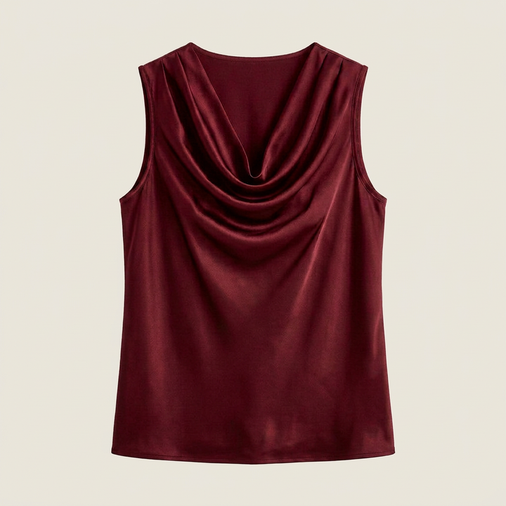 Flat lay view of the burgundy sleeveless satin blouse showing the draped neckline