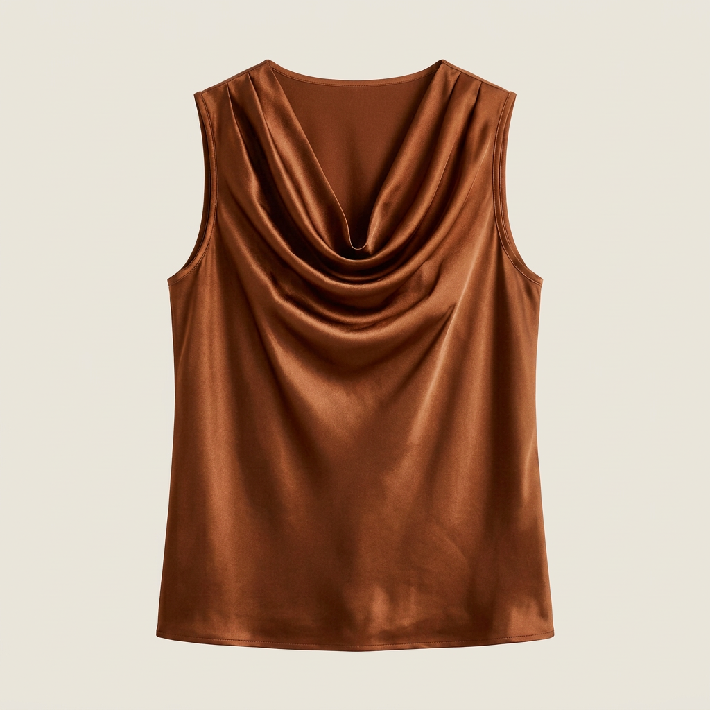 Flat lay of the stylish sleeveless satin cascade neckline top with summer accessories