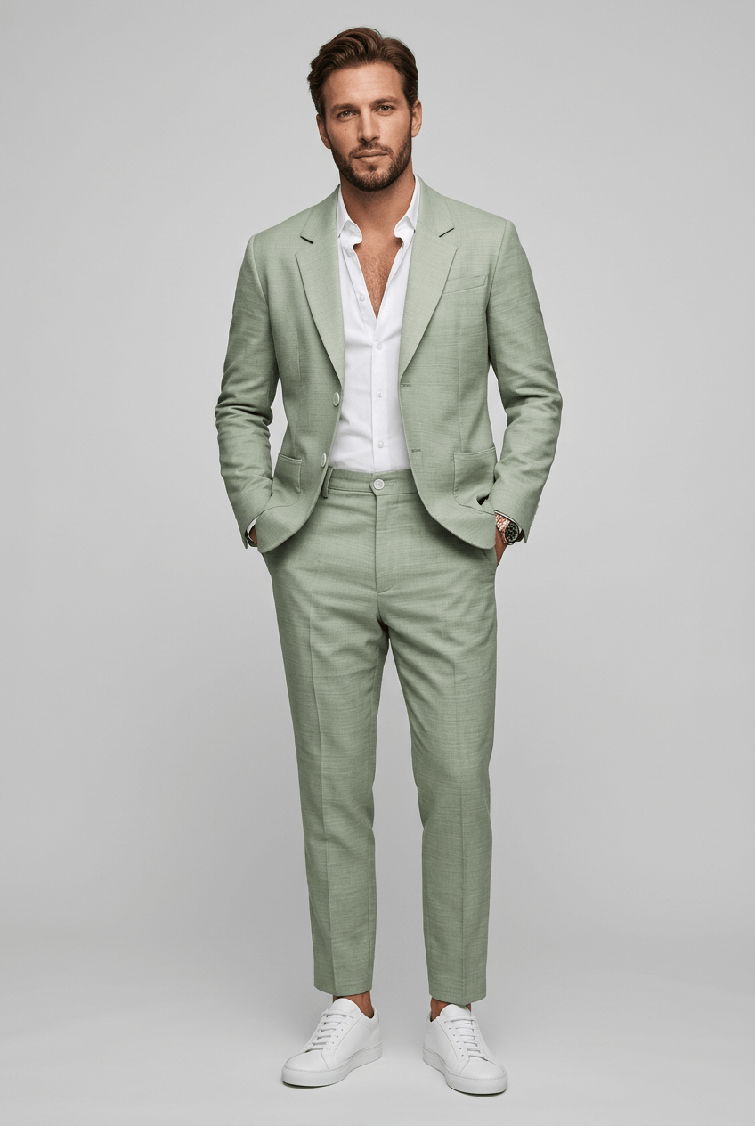Full-length front view of a man in a green slim fit suit