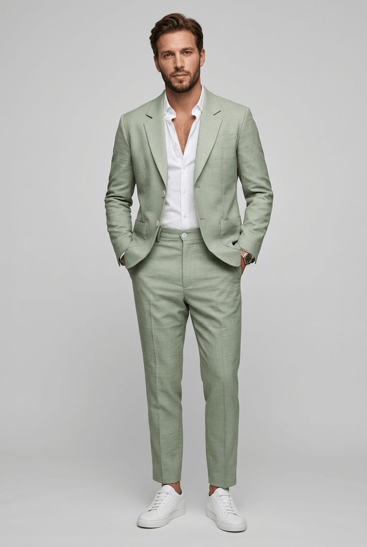 Full-length front view of a man in a green slim fit suit